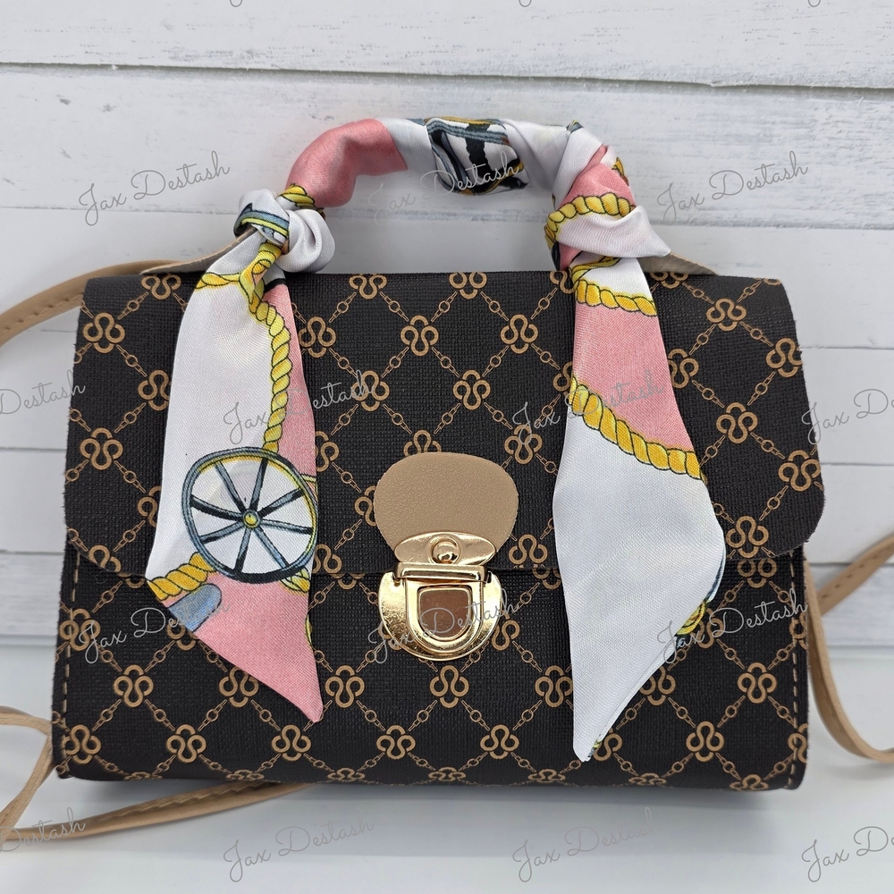 Brown Patterned Crossbody Bag with Pink Scarf Accent PR47422